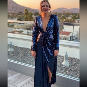 ASOS Navy Blue Sequins Long Sleeve Dress with High Slit & Deep Plunge Neckline